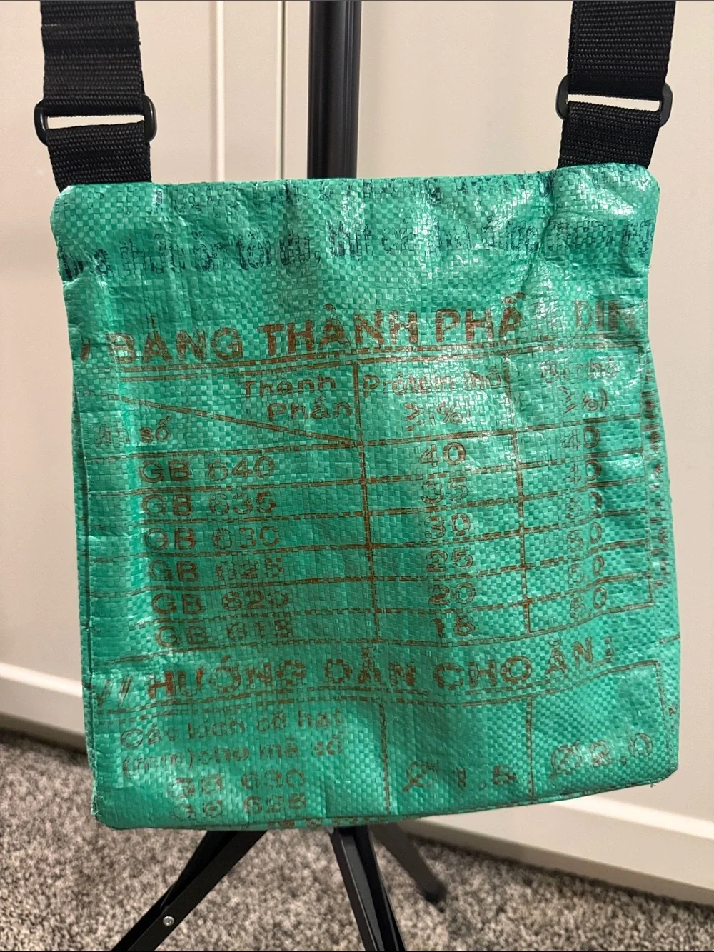 Gecko Traders Recycled Rice Sack Crossbody Bag Aqua Cambodia Adjustable Strap